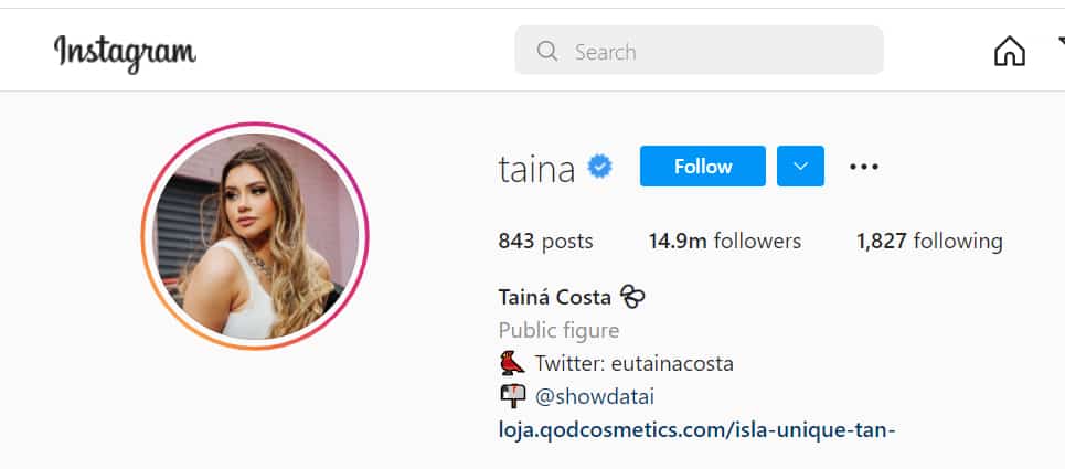 Tainá Costa Instagram e redes sociais
