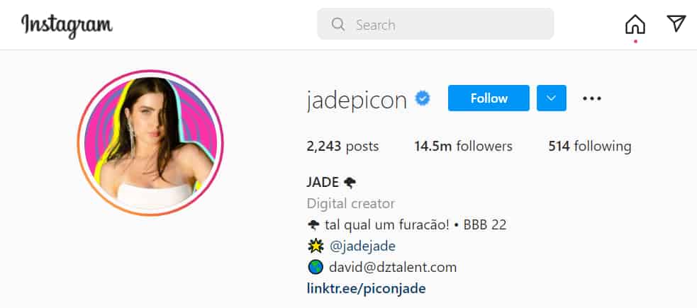 jade picon no instagram com mais de 14mi de seguidores